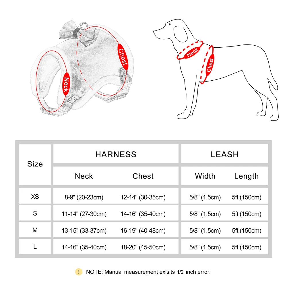 Winter Dog Harness & Leash Set with Fur Collar – Bling Bowtie Design for Small & Medium Dogs & Cats