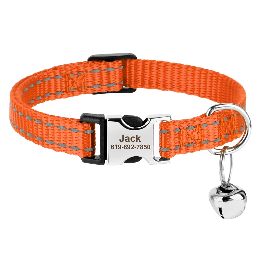 Reflective Personalized Nylon Dog & Cat Collar with Custom Engraved ID Tag & Bell – Adjustable Safety Collar for Small & Medium Pets