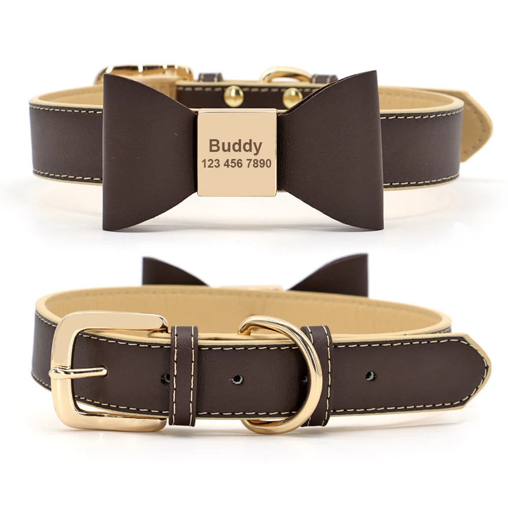 Personalized Dog Collar Customized Leather Pet ID Name Collar With Bowknot Free Engraved For Small Medium Dogs Cats Pet Supplies