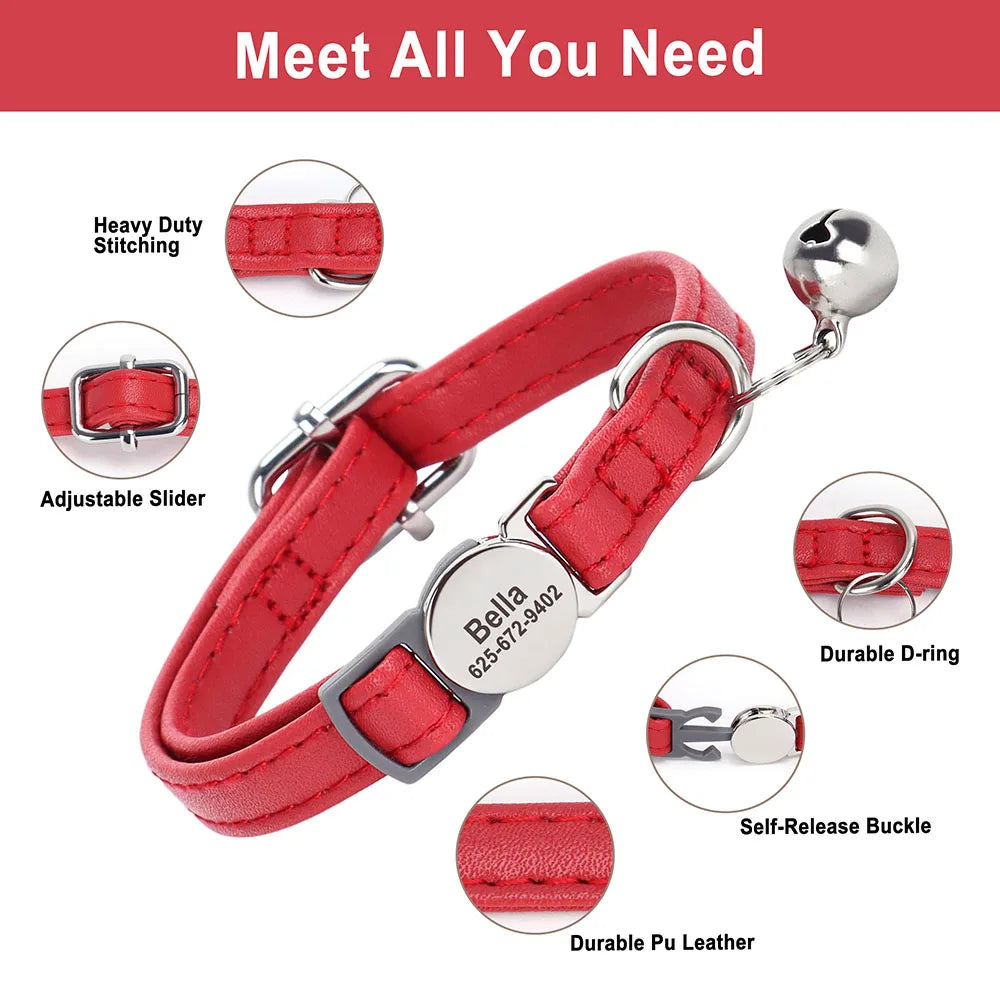 Personalized Cat Collar – PU Leather Adjustable Kitten & Puppy Collar with Engraved ID Nameplate & Bell, Anti-Lost Pet Collar