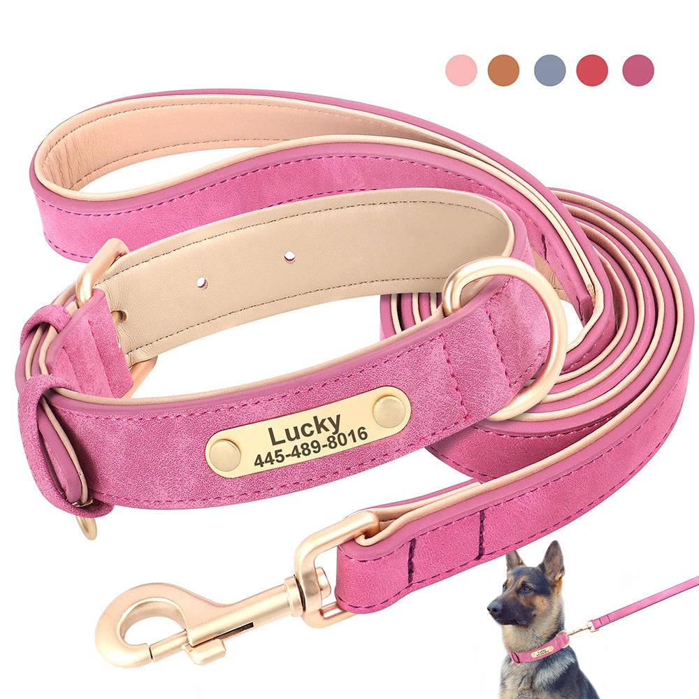 Custom PU Leather Dog Collar & Leash Set – Personalized Engraved Nameplate ID Tag for Small & Medium Dogs