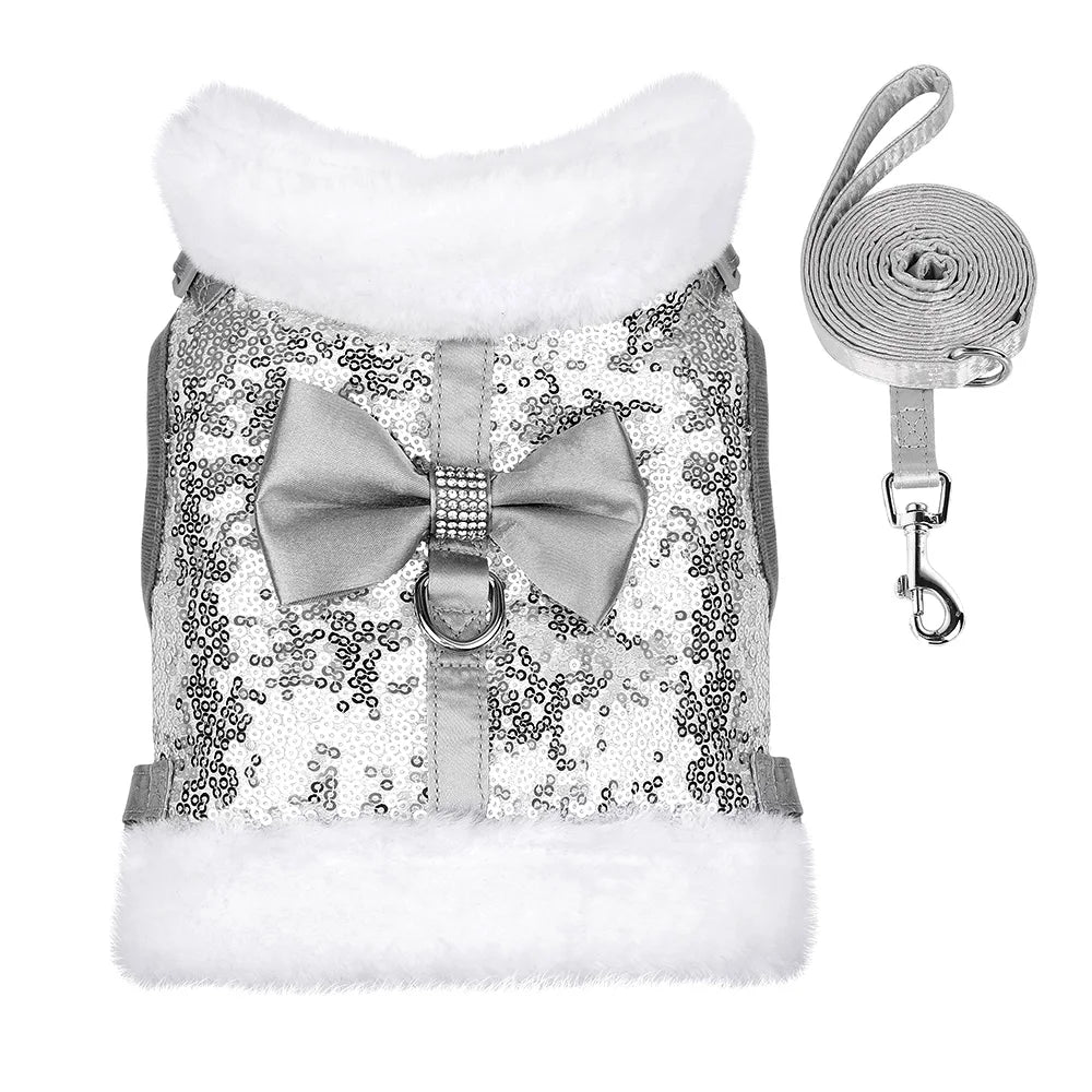 Warm Winter Dog Harness – Bling Rhinestone Fur Vest with Bowtie for Small & Medium Dogs and Cats