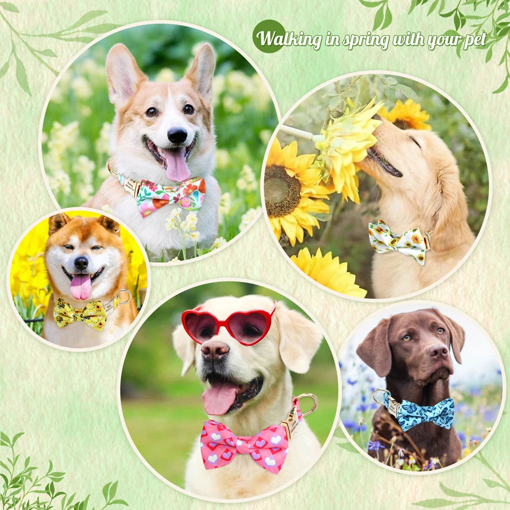 Custom Bowtie Dog Collar – Personalized Floral ID Tag with Engraved Name & Phone Number