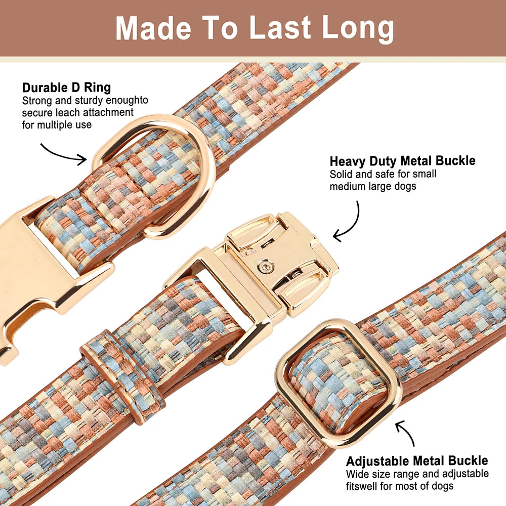 Custom Plaid Leather Dog Collar with Bow – Personalized Nameplate | Free Engraving | Small to Large Dogs