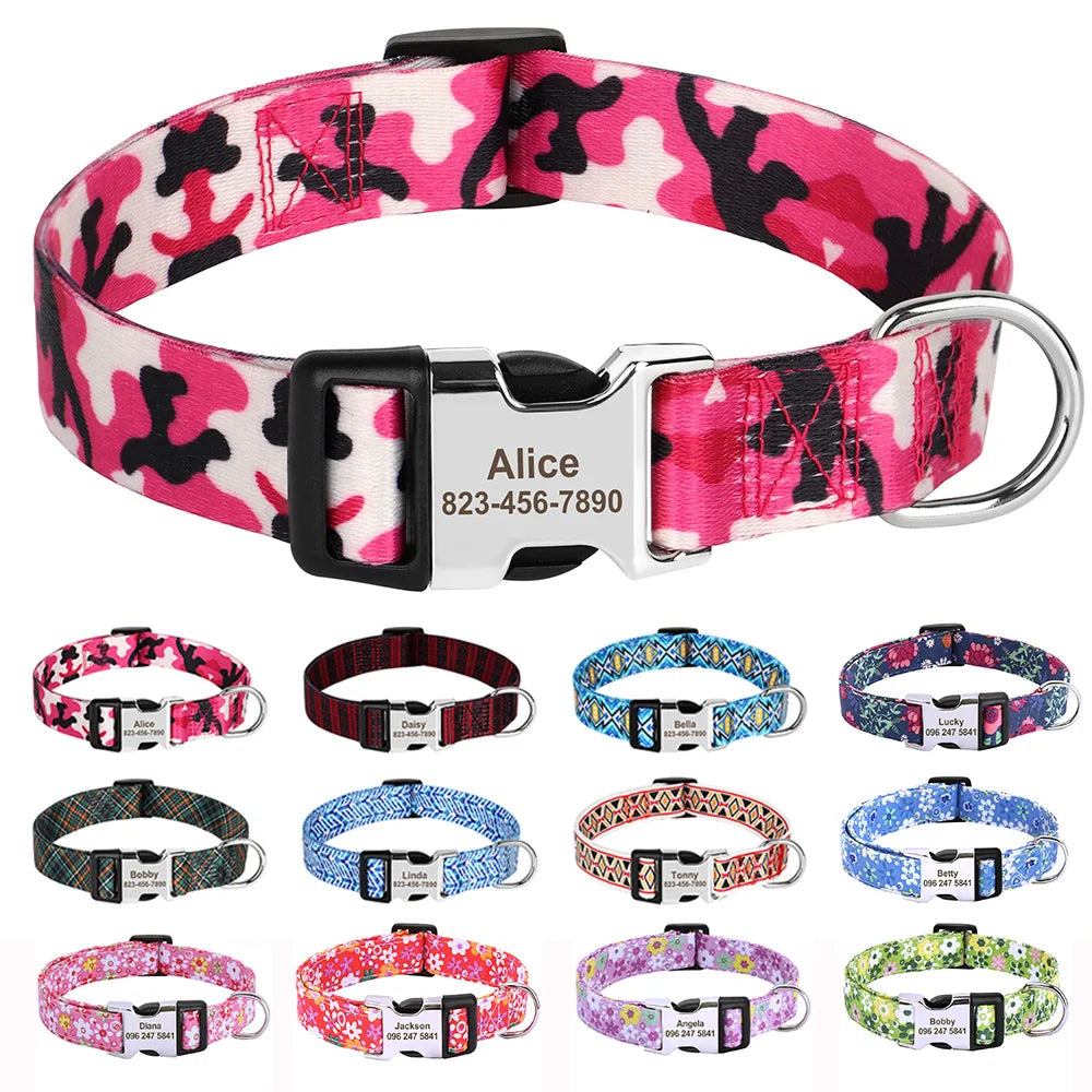 🎨 Personalized Nylon Dog Collar – Free Engraving, Adjustable Fit for Small to Large Dogs