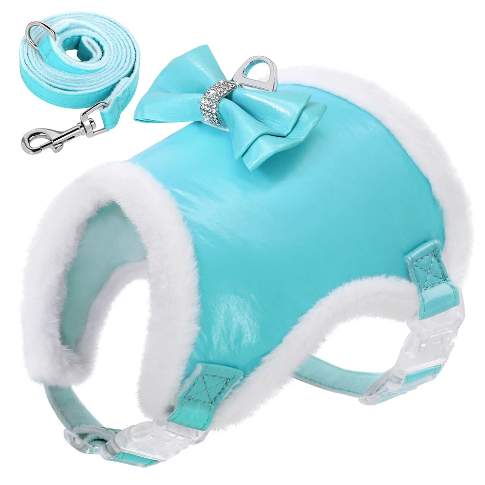 Winter Dog Harness & Leash Set with Fur Collar – Bling Bowtie Design for Small & Medium Dogs & Cats