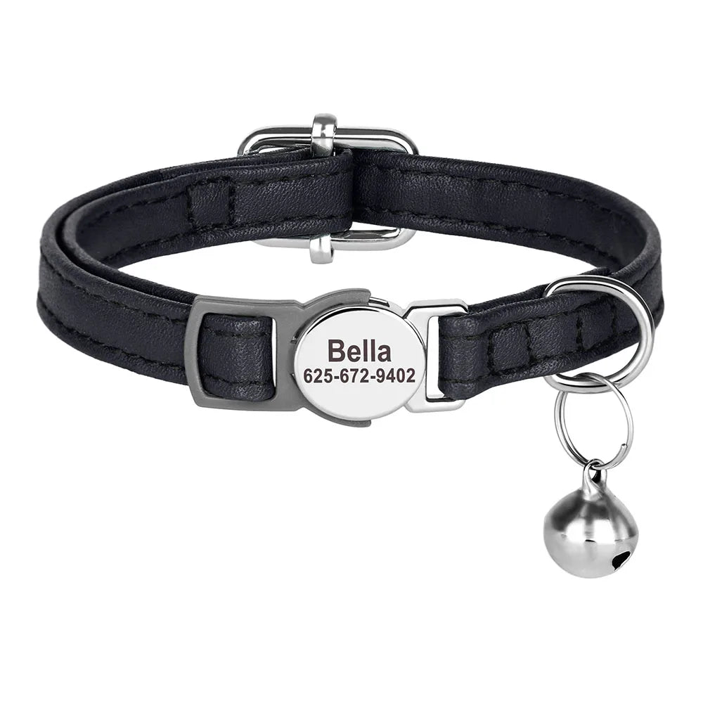 Personalized Cat Collar – PU Leather Adjustable Kitten & Puppy Collar with Engraved ID Nameplate & Bell, Anti-Lost Pet Collar