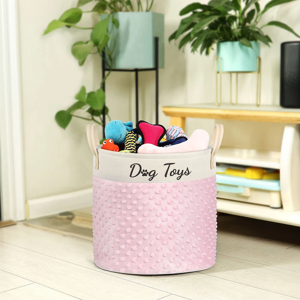 Collapsible Dog Toy Storage Basket with Handles – Large Capacity Pet Organizer Bin (Pink/Blue)