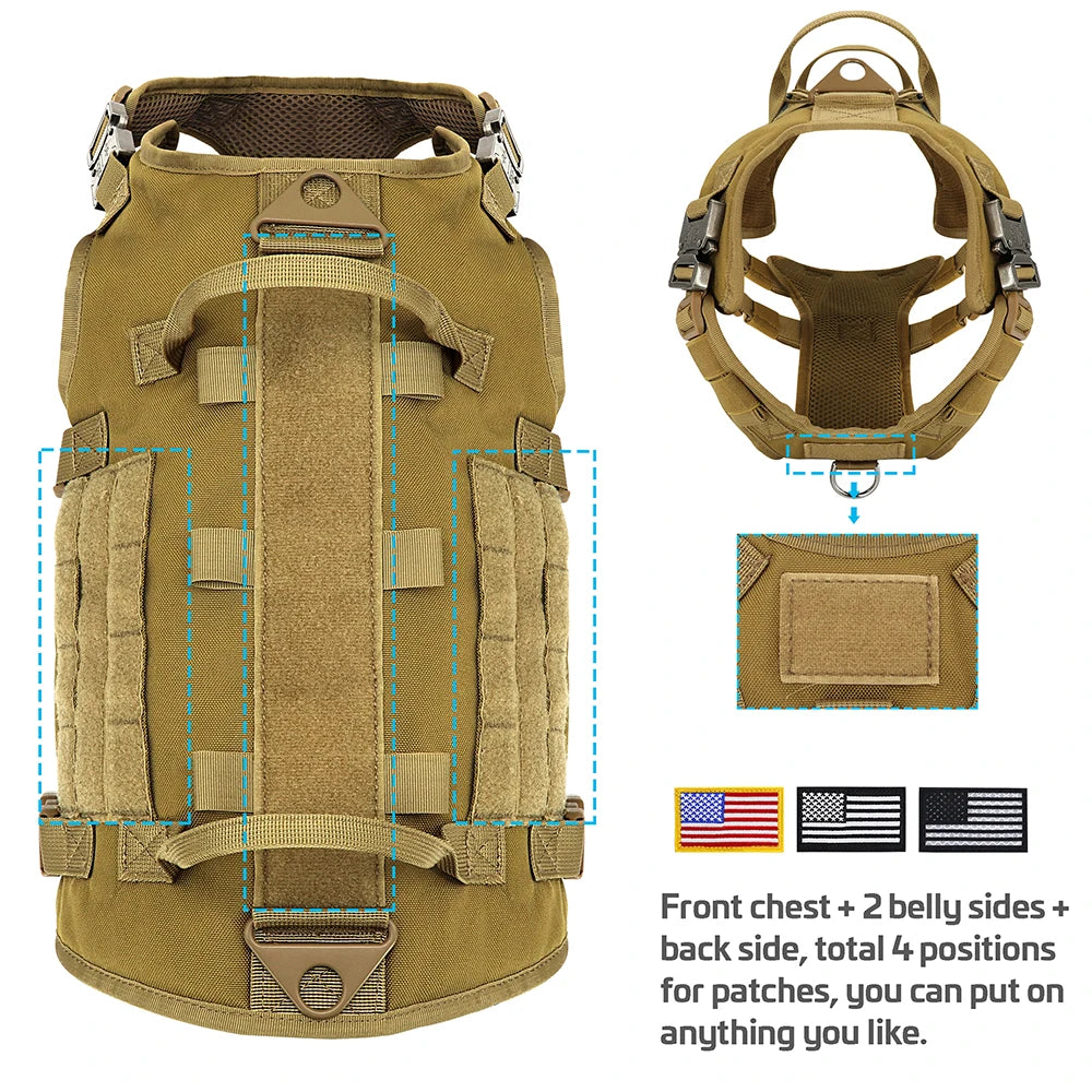 Tactical Military Dog Harness, Collar & Leash Set – Durable MOLLE Training Vest with Pouches & Flag for Large Dogs