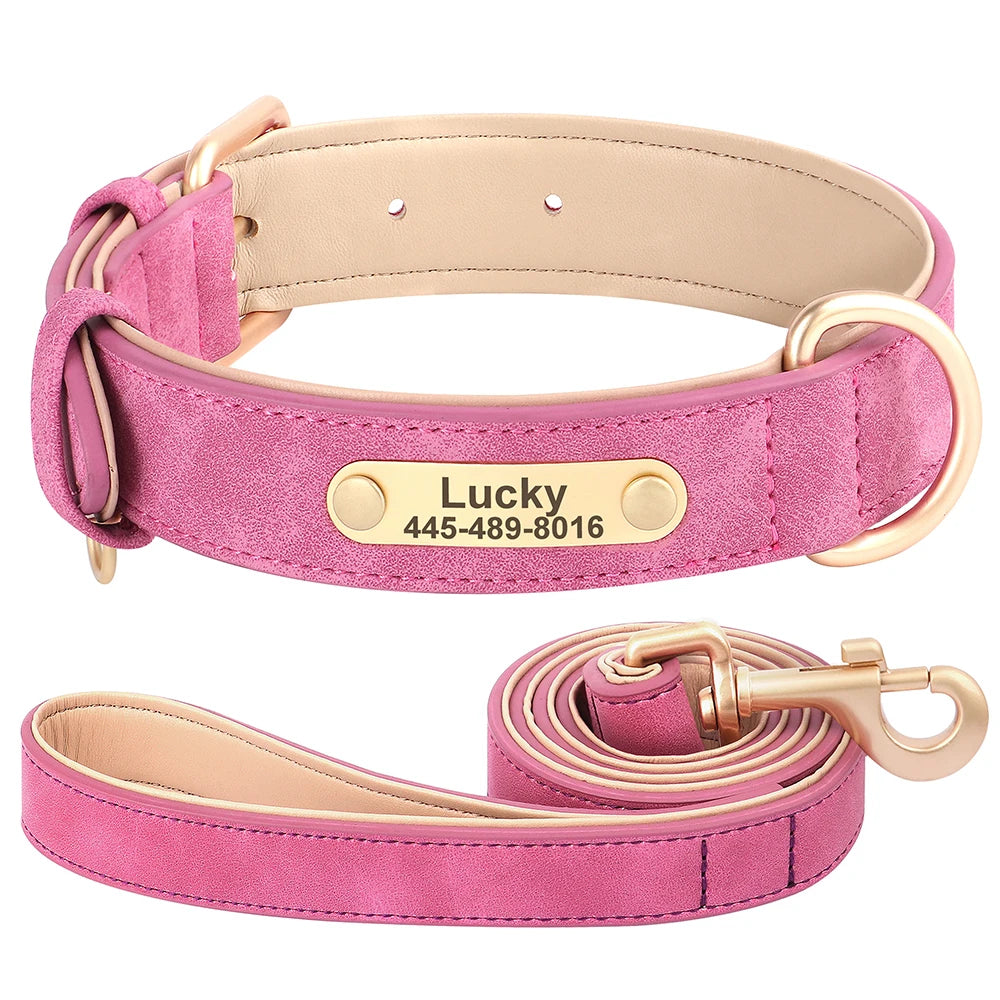 Custom PU Leather Dog Collar & Leash Set – Personalized Engraved Nameplate ID Tag for Small & Medium Dogs