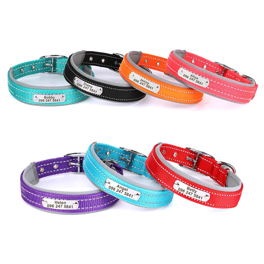 Personalized Reflective Nylon Dog Collar – Custom Engraved ID Tag for Small, Medium & Large Dogs