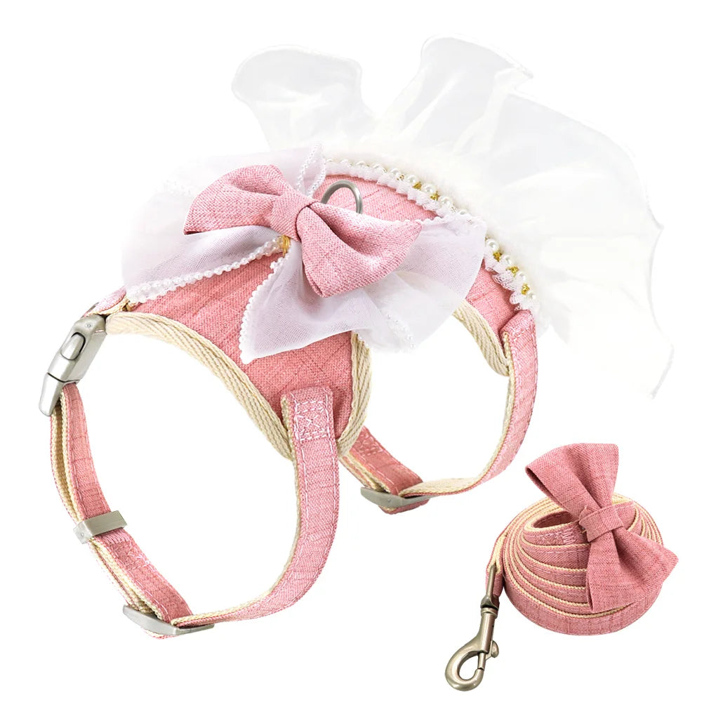 Princess Dog Cat Harness And Leash Set Lace Bowknot Pet Harness Chest Strap Dress For Fashion Chihuahua Cats Accessories