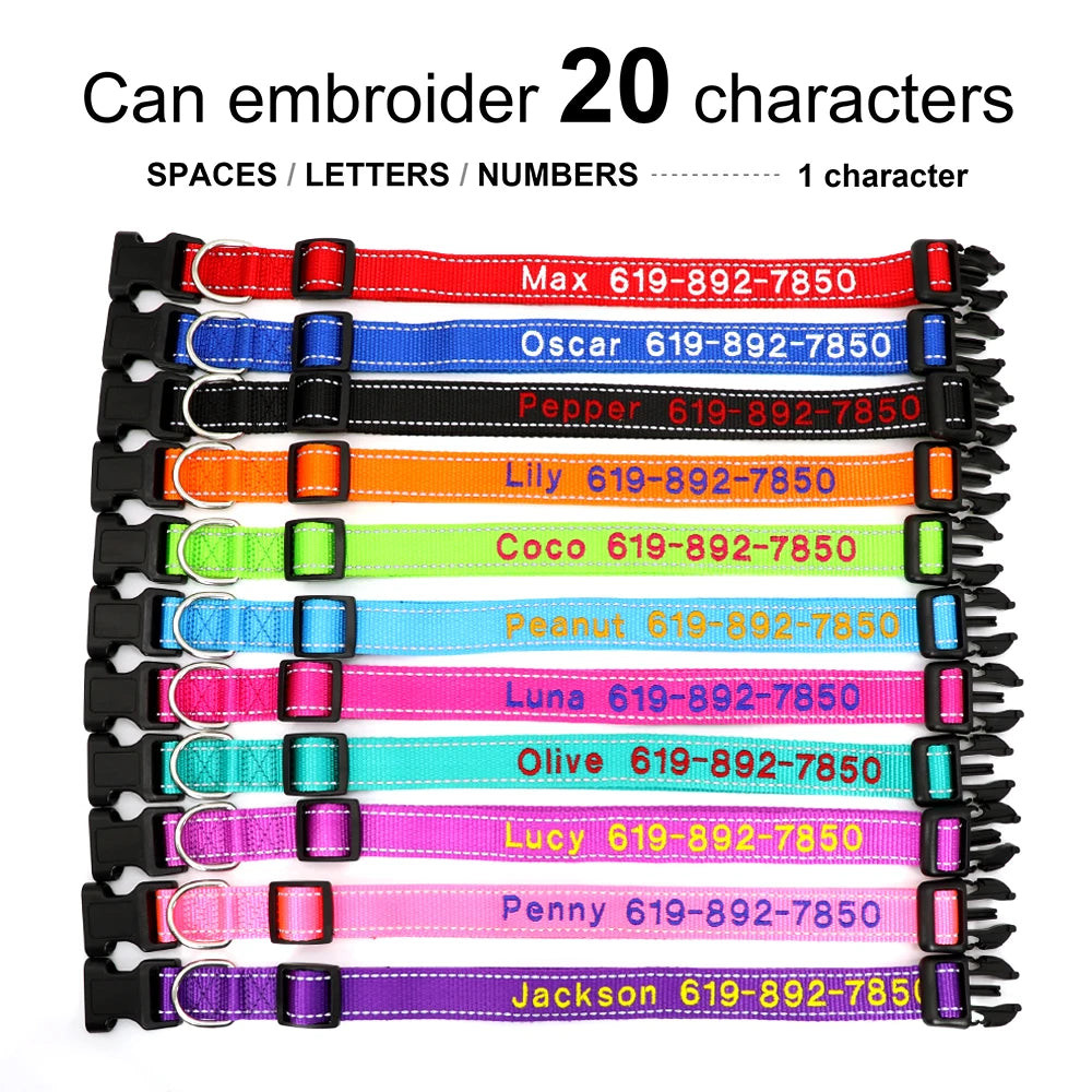 Reflective Personalized Nylon Dog Collar – Custom Embroidered ID Name & Phone – Reflective Adjustable Collar for Small, Medium & Large Dogs