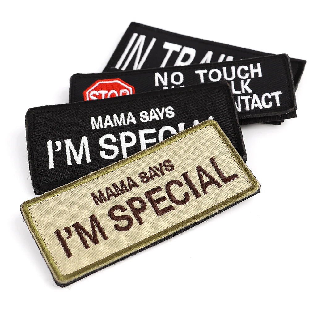 Dog Harness & Collar Patch Tags – “I’m Special”, “In Training”, “No Touch No Talk No Eye Contact”