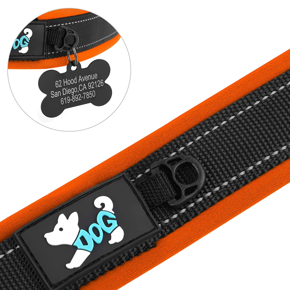 Adjustable Dog Collar - Personalized Reflective Padded Collar with Free Engraved ID Tag for Small, Medium & Large Dogs (Pitbull, Pug & More)