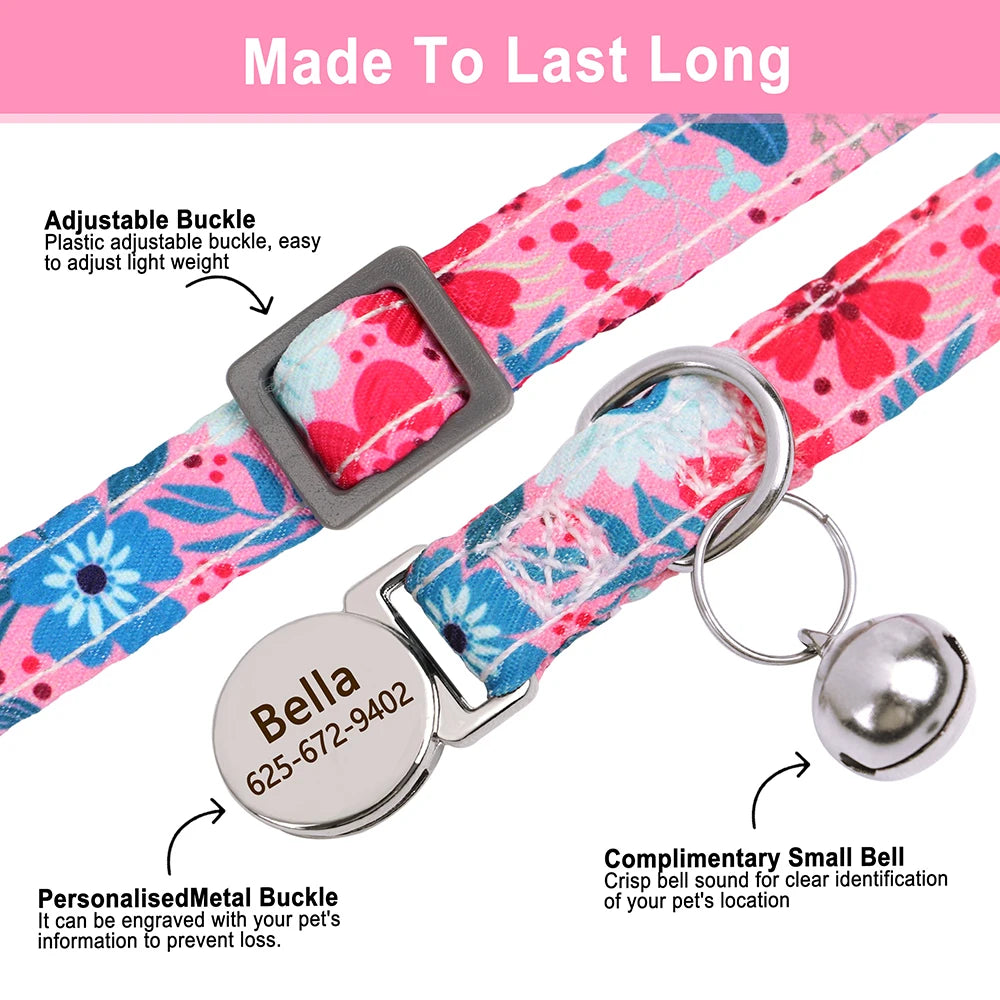 Personalized Cat/Puppy Collar with Engraved Nameplate & Bell – Adjustable Floral Design (Blue, Green, Pink, Red, Rose)
