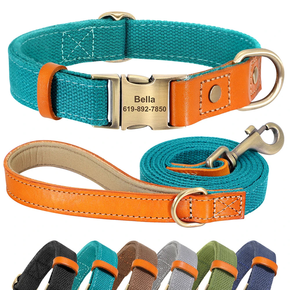 Nylon Custom Dog Collar & Leash Set – Personalized with Leather Nameplate