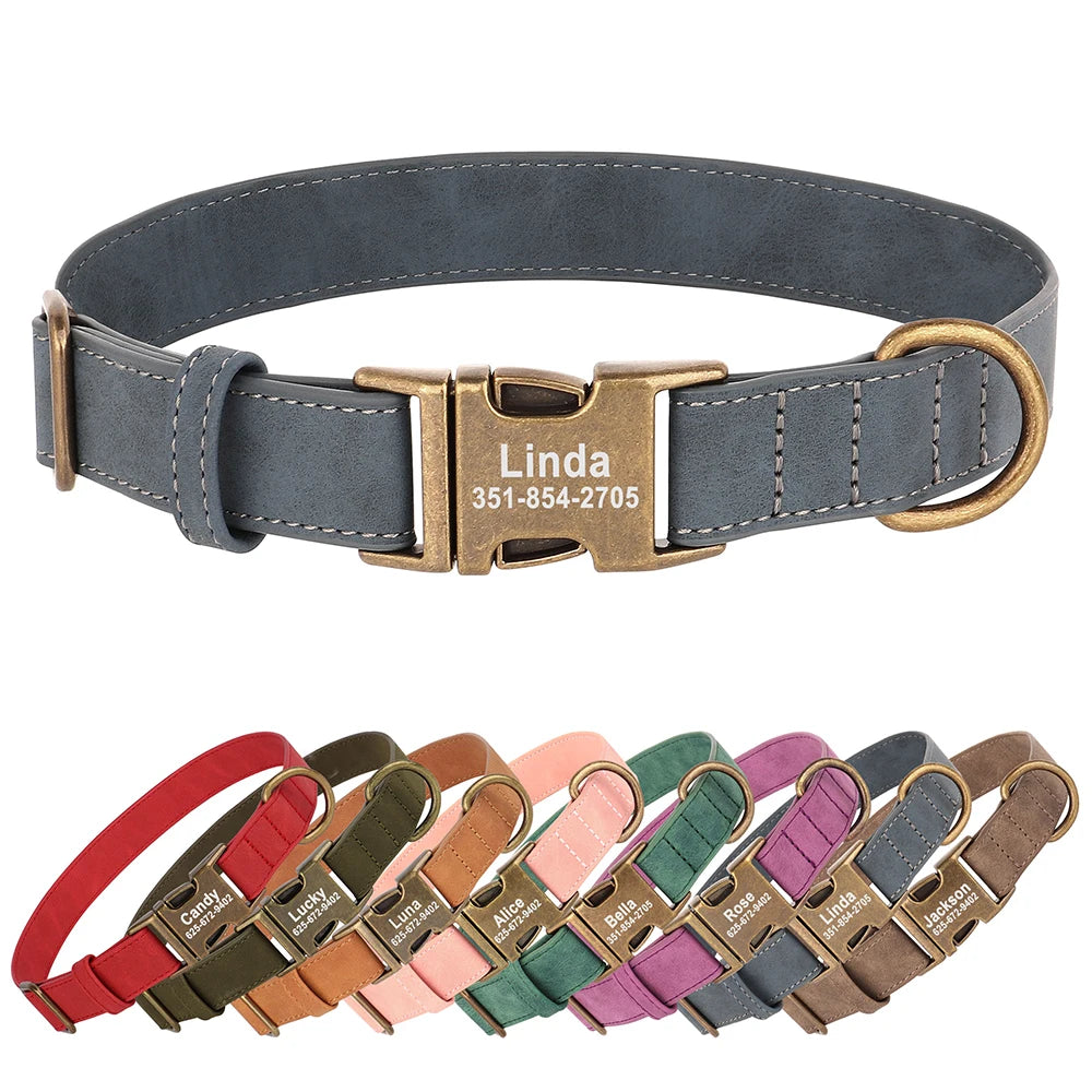 Personalized Anti-Lost Dog Collar – Custom ID Tag Engraved | PU Leather Collar with Free Nameplate for Dogs