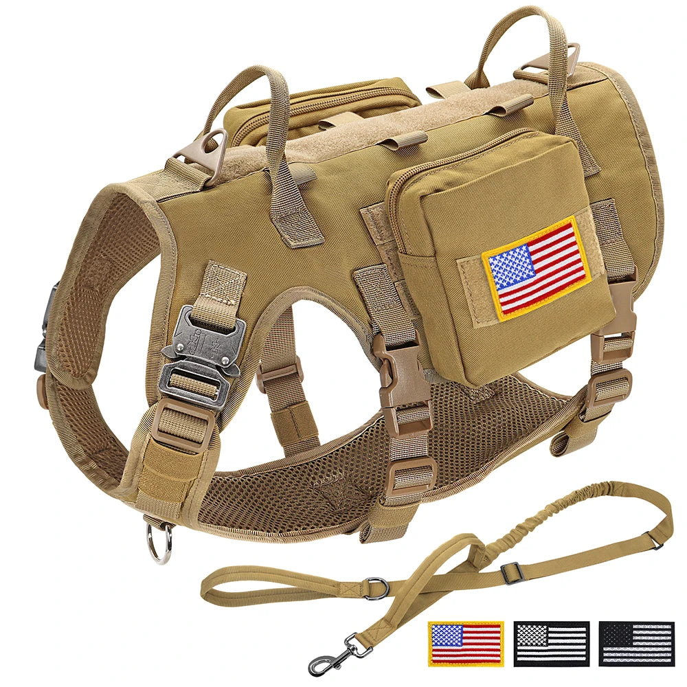 Tactical Military Dog Harness, Collar & Leash Set – Durable MOLLE Training Vest with Pouches & Flag for Large Dogs