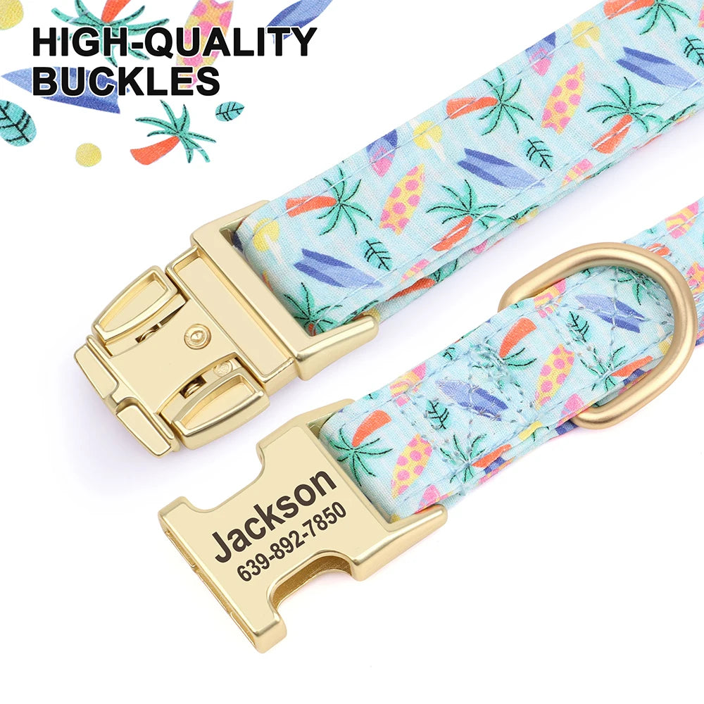 Personalized Dog Collar with Flower Print – Custom Engraved Nameplate | Adjustable Nylon Pet Collar for Small, Medium & Large Dogs