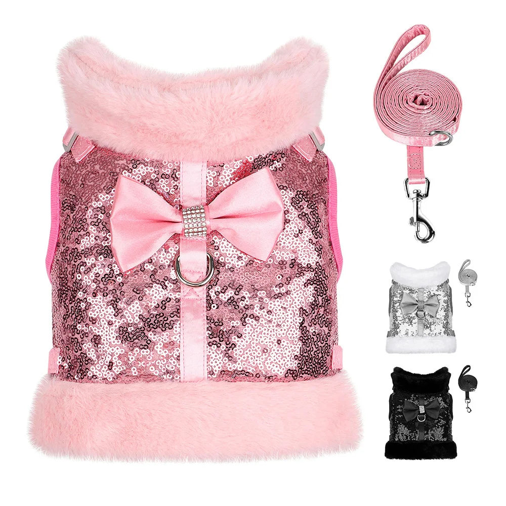 Warm Winter Dog Harness – Bling Rhinestone Fur Vest with Bowtie for Small & Medium Dogs and Cats