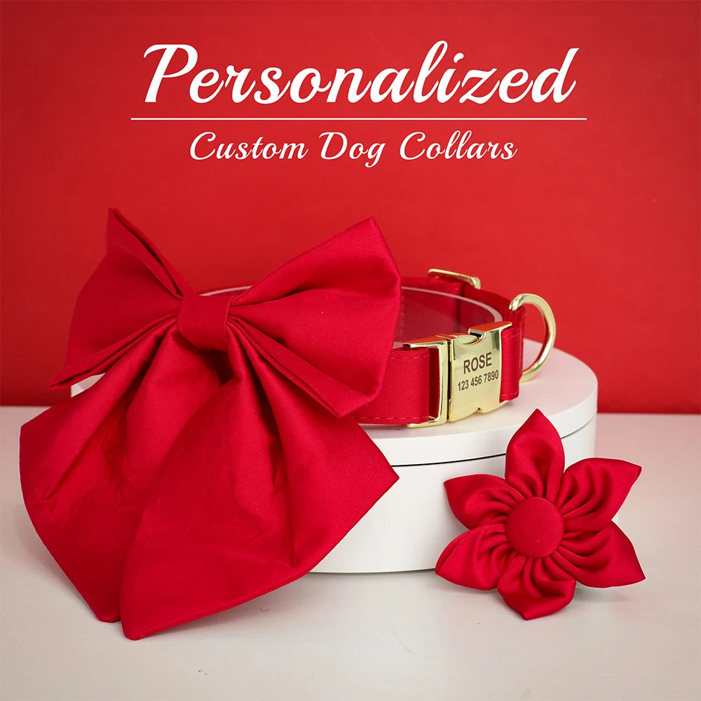 Personalized Silk Dog Collar with Bowtie & Flower – Custom Engraved ID Tag | Adjustable Wedding Collar for Small, Medium & Large Dogs