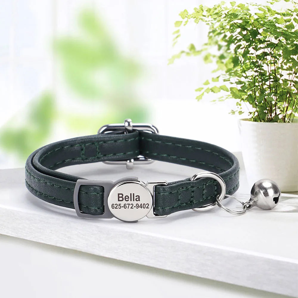 Personalized Cat Collar – PU Leather Adjustable Kitten & Puppy Collar with Engraved ID Nameplate & Bell, Anti-Lost Pet Collar