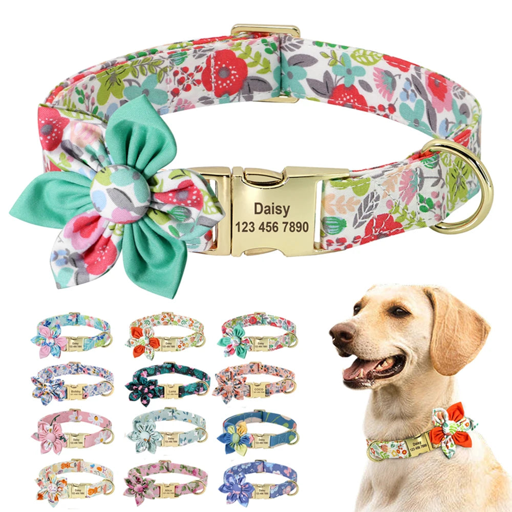 Personalized Dog Collar with Flower Print – Custom Engraved Nameplate | Adjustable Nylon Pet ID Collar for Small, Medium & Large Dogs