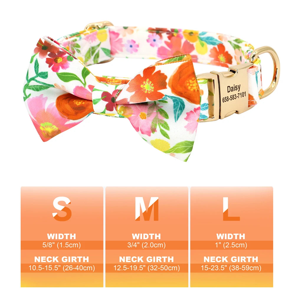 Custom Bowtie Dog Collar – Personalized Floral ID Tag with Engraved Name & Phone Number