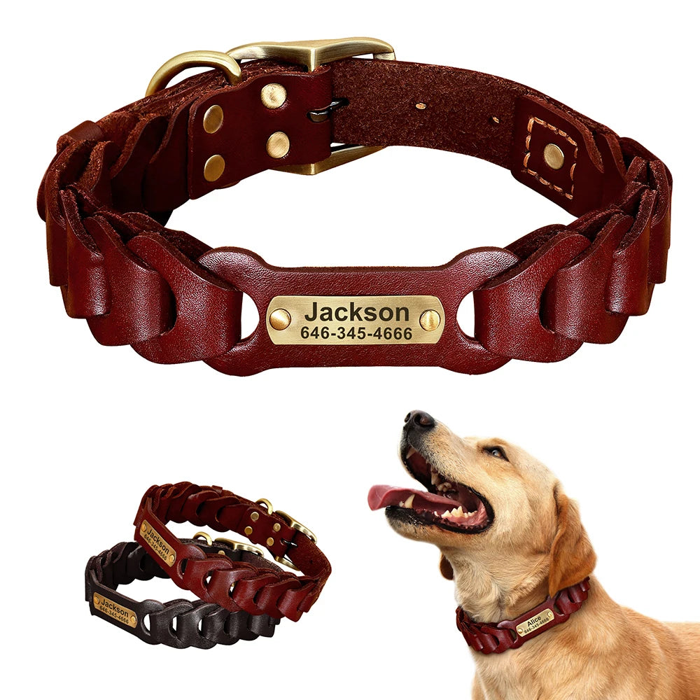 Custom Engraved Leather Dog Collar – Personalized Nameplate for Medium & Large Dogs