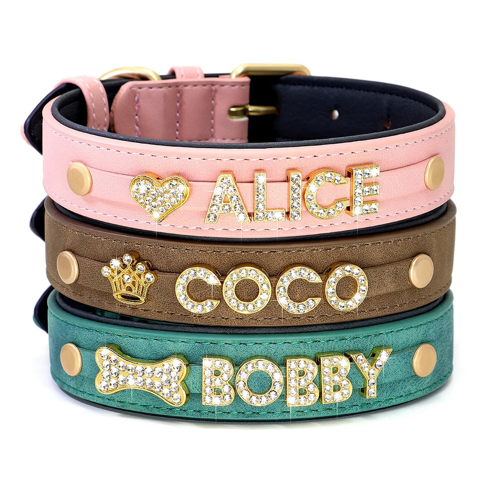 Custom Dog Name Collar – Bling Rhinestone Leather Collar with Free Charms & Personalized Letters