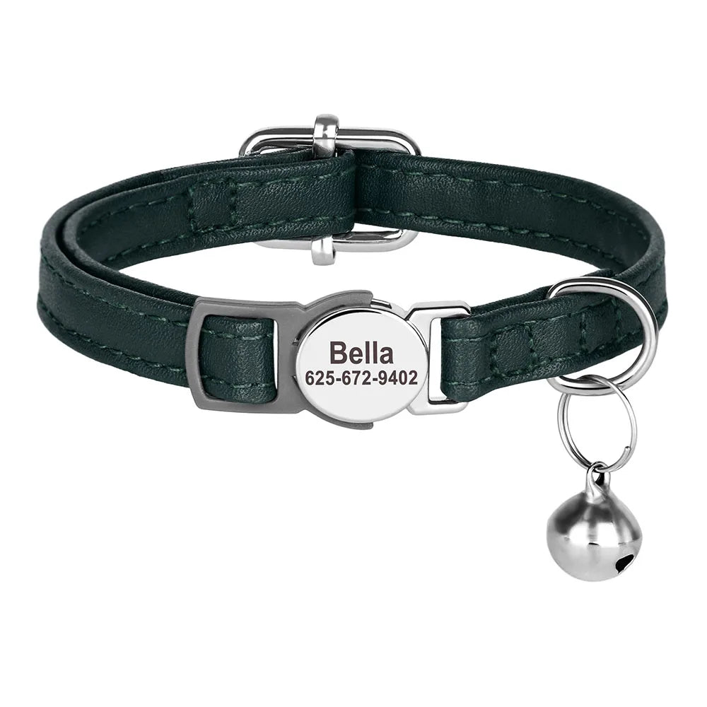 Personalized Cat Collar – PU Leather Adjustable Kitten & Puppy Collar with Engraved ID Nameplate & Bell, Anti-Lost Pet Collar