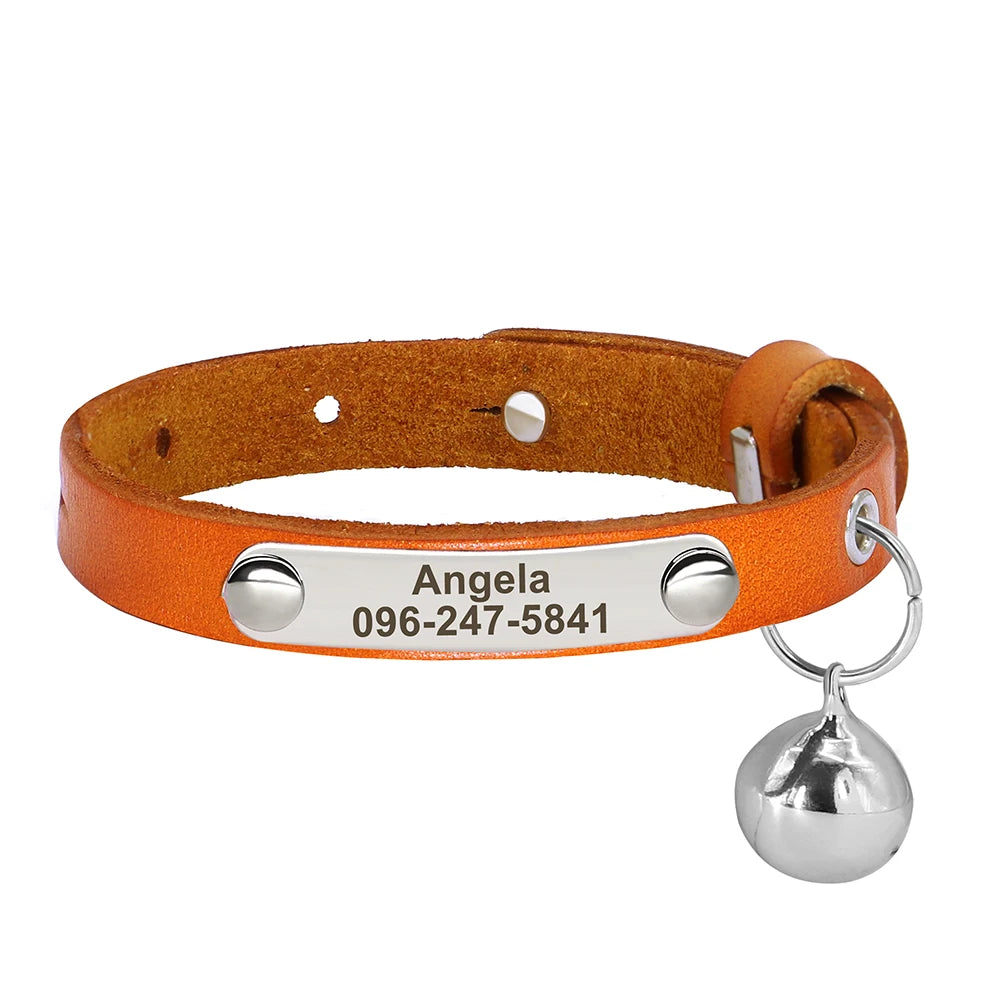 Personalized Leather Cat Collar – Adjustable Kitten & Puppy Collar with Free Engraved ID Tag