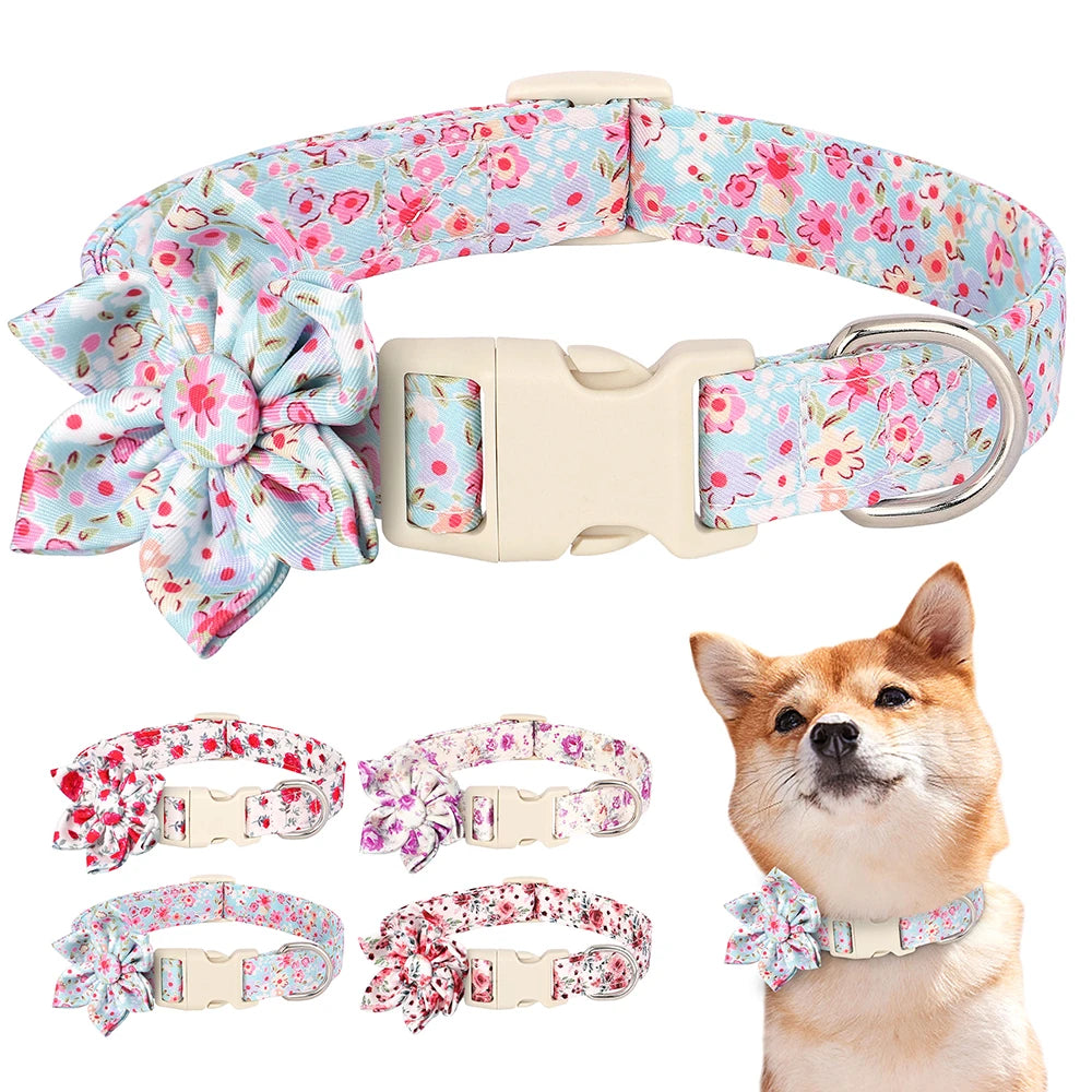 Fashion Floral Printed Nylon Dog Collar – Adjustable Spring Collar with Flower for Small & Medium Dogs (Pug, Chihuahua, Frenchie)