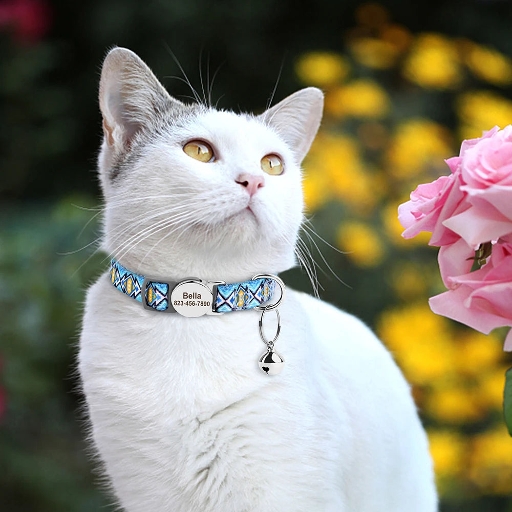 Custom Cat Collar with Engraved ID Tag & Bell – Personalized Safety Collar for Cats & Small Dogs