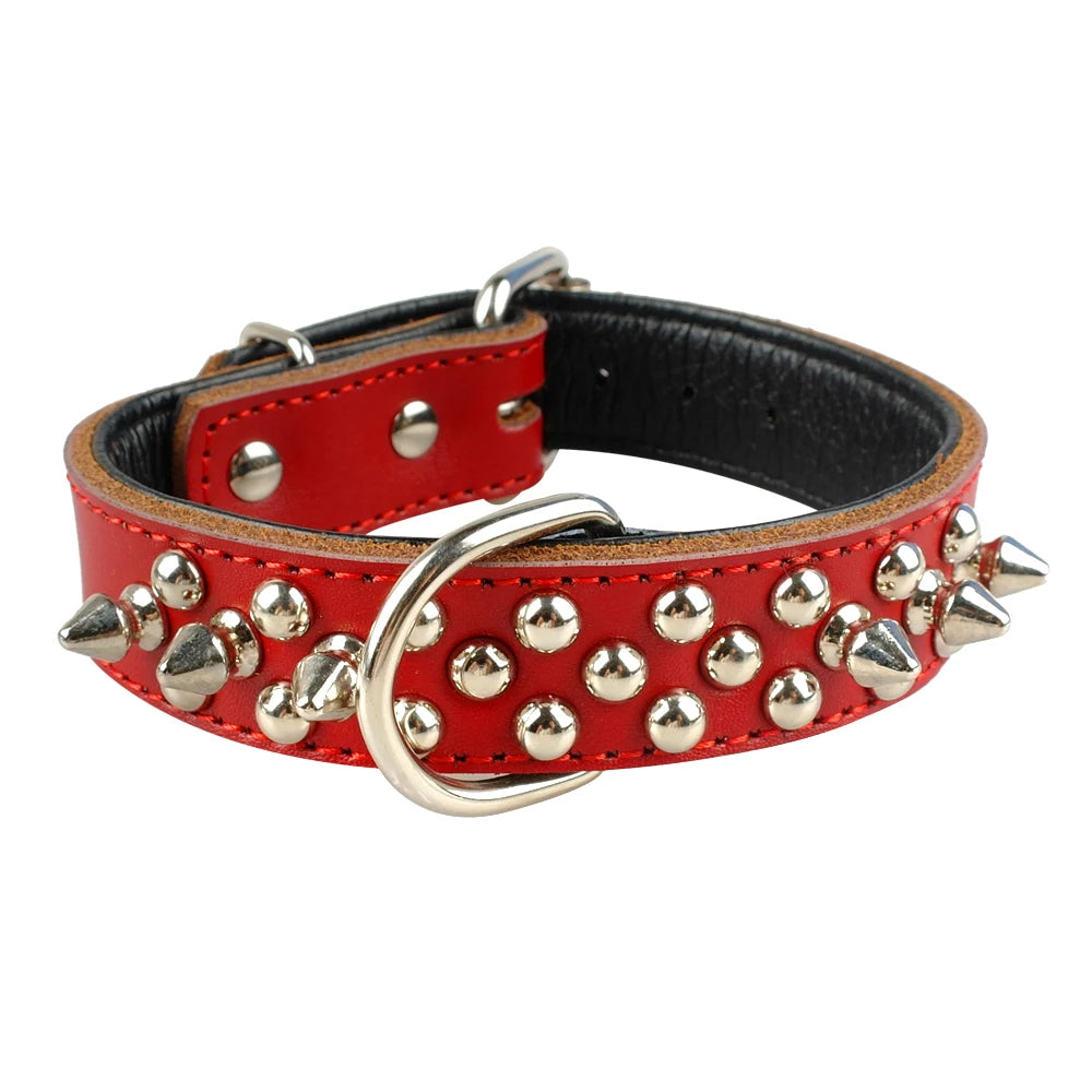 Spiked Studded Leather Dog Collar – Adjustable Anti-Bite Bulldog Collar for Small, Medium & Large Dogs