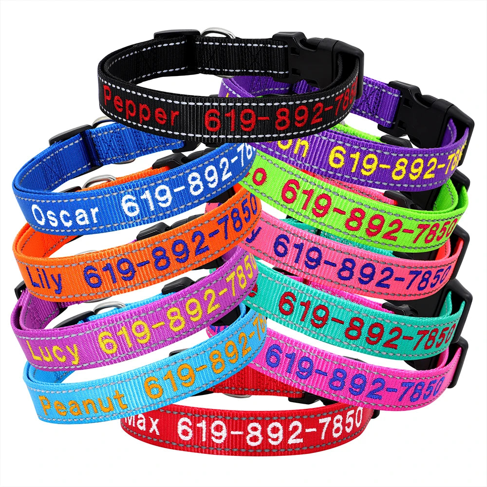 Reflective Personalized Nylon Dog Collar – Custom Embroidered ID Name & Phone – Reflective Adjustable Collar for Small, Medium & Large Dogs