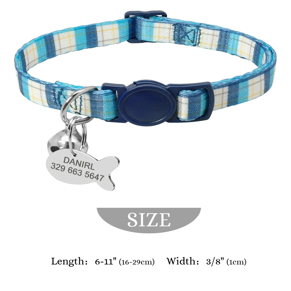 Personalized Cat Collar with Engraved Fish Tag – Adjustable Nylon Collar for Cats & Small Dogs
