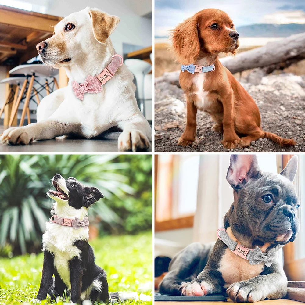 Custom Bowtie Dog Collar – Personalized Floral ID Tag with Engraved Name & Phone Number