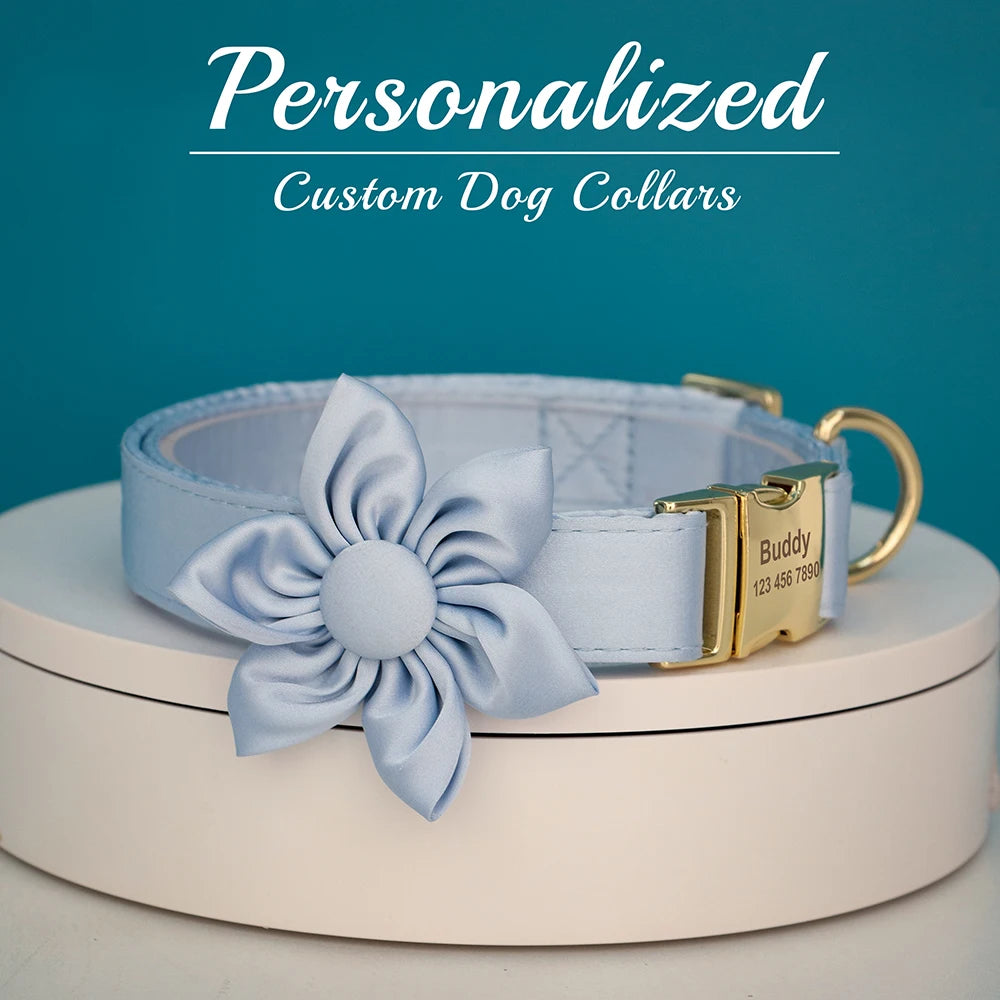 Personalized Silk Dog Collar with Bowtie & Flower – Custom Engraved ID Tag | Adjustable Wedding Collar for Small, Medium & Large Dogs
