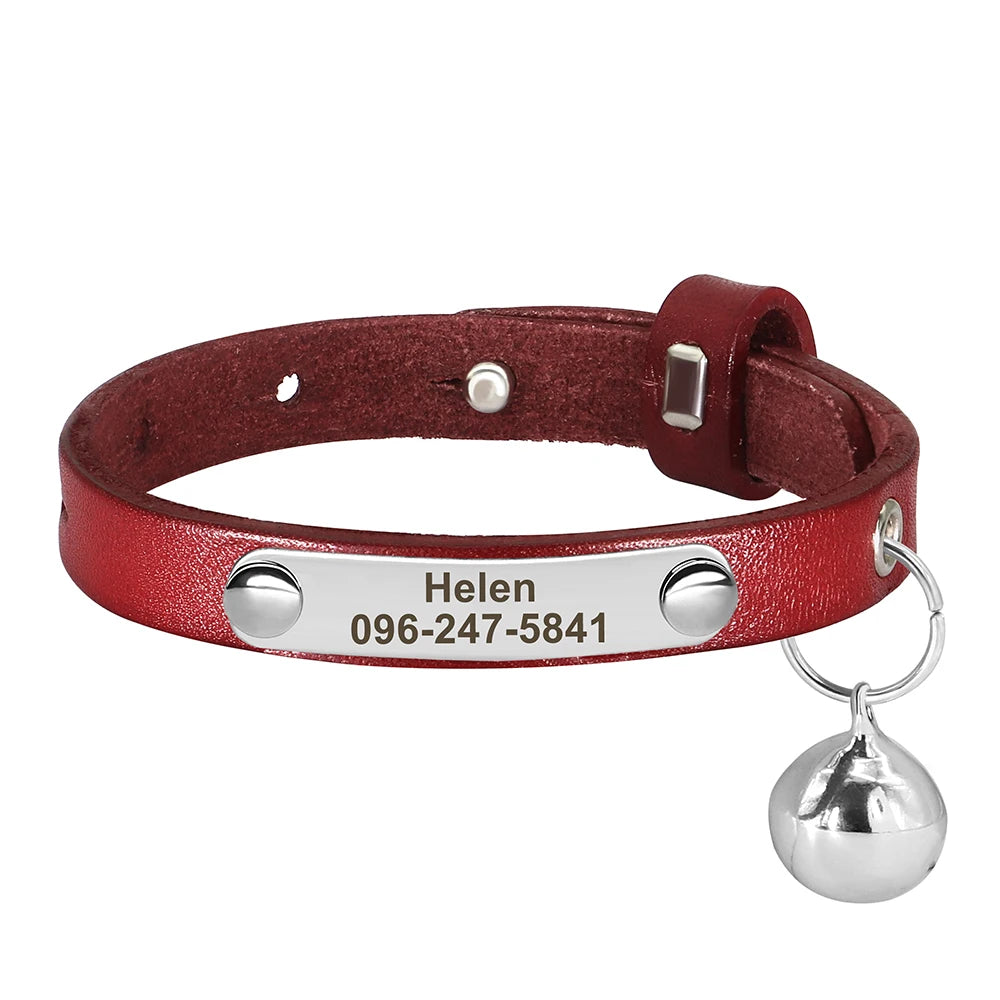 Personalized Leather Cat Collar – Adjustable Kitten & Puppy Collar with Free Engraved ID Tag