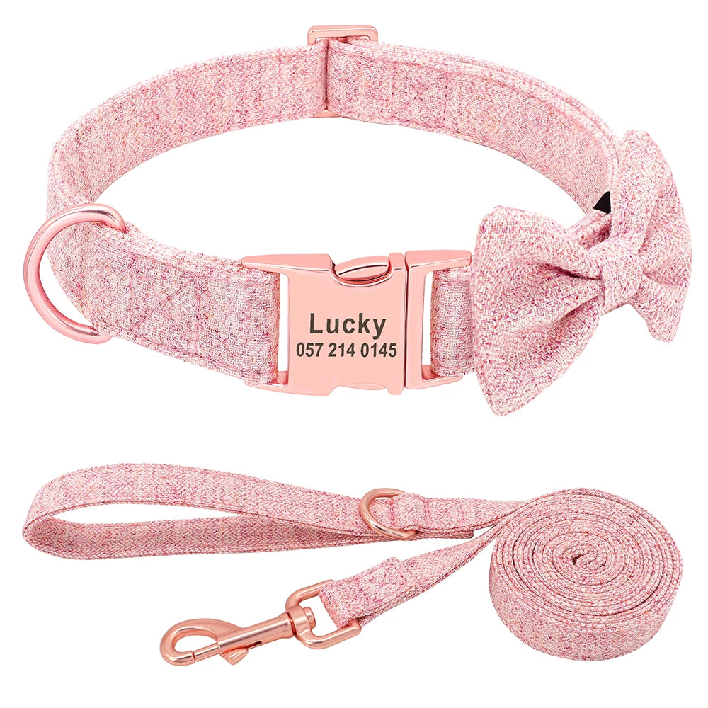 Customized Dog Collar & Leash Set – Personalized Pet Collars with Bowtie & Free Engraving