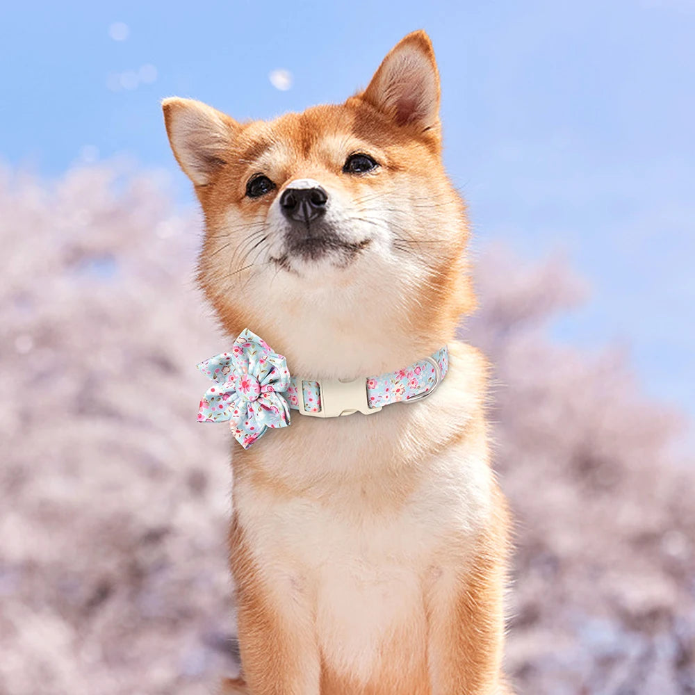 Fashion Floral Printed Nylon Dog Collar – Adjustable Spring Collar with Flower for Small & Medium Dogs (Pug, Chihuahua, Frenchie)