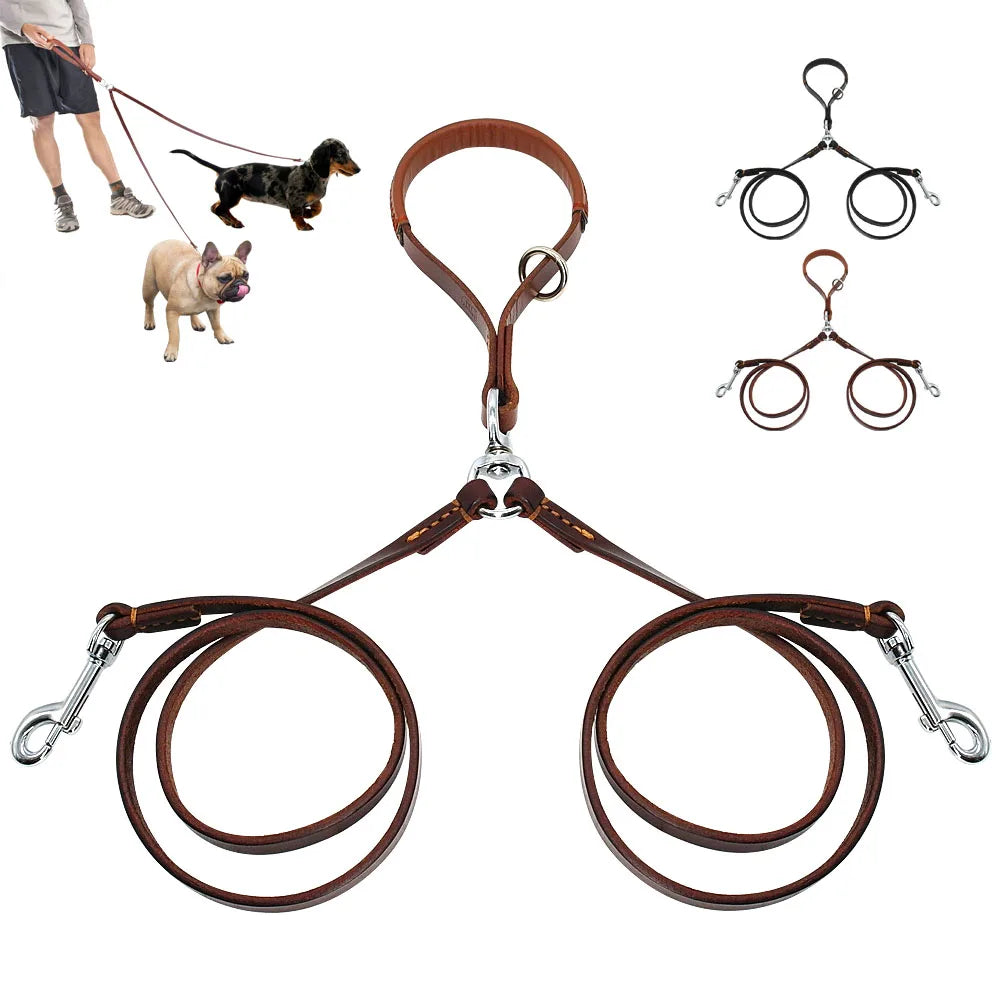 Double Dog Leash – Genuine Leather with 360° Swivel