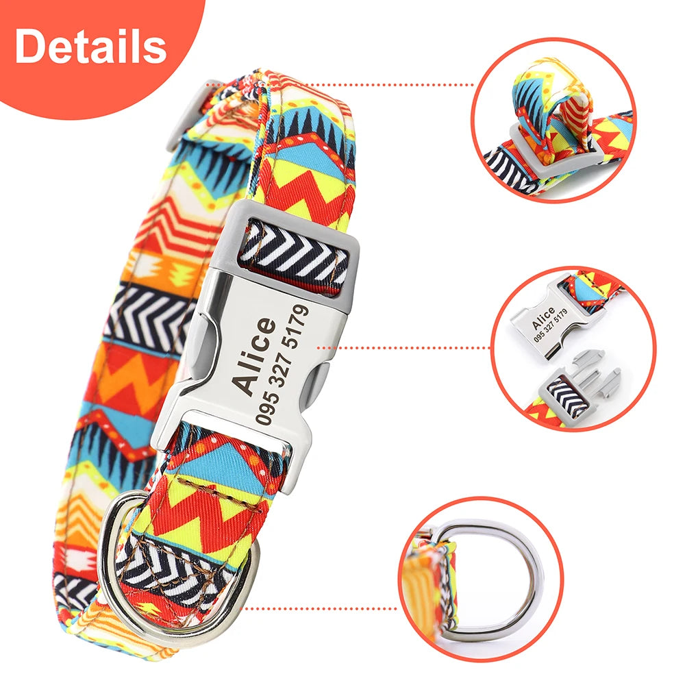 Personalized Nylon Dog Collar with Engraved Nameplate – Custom ID Tag for Small, Medium & Large Dogs