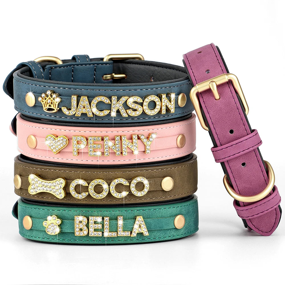 Custom Leather Dog Collar – Personalized Bling with Name & Charms