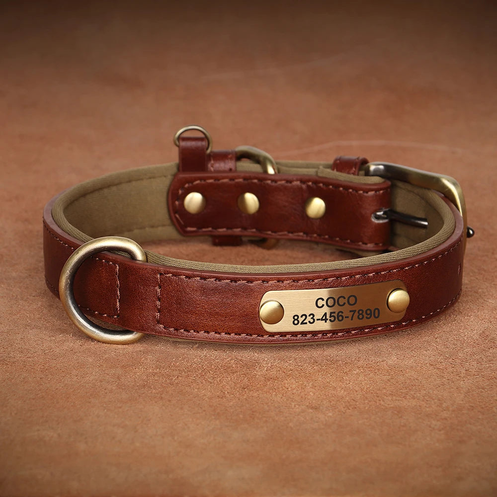🐾 Personalized PU Leather Dog Collar – Custom Engraved Nameplate ID Tag 🐶