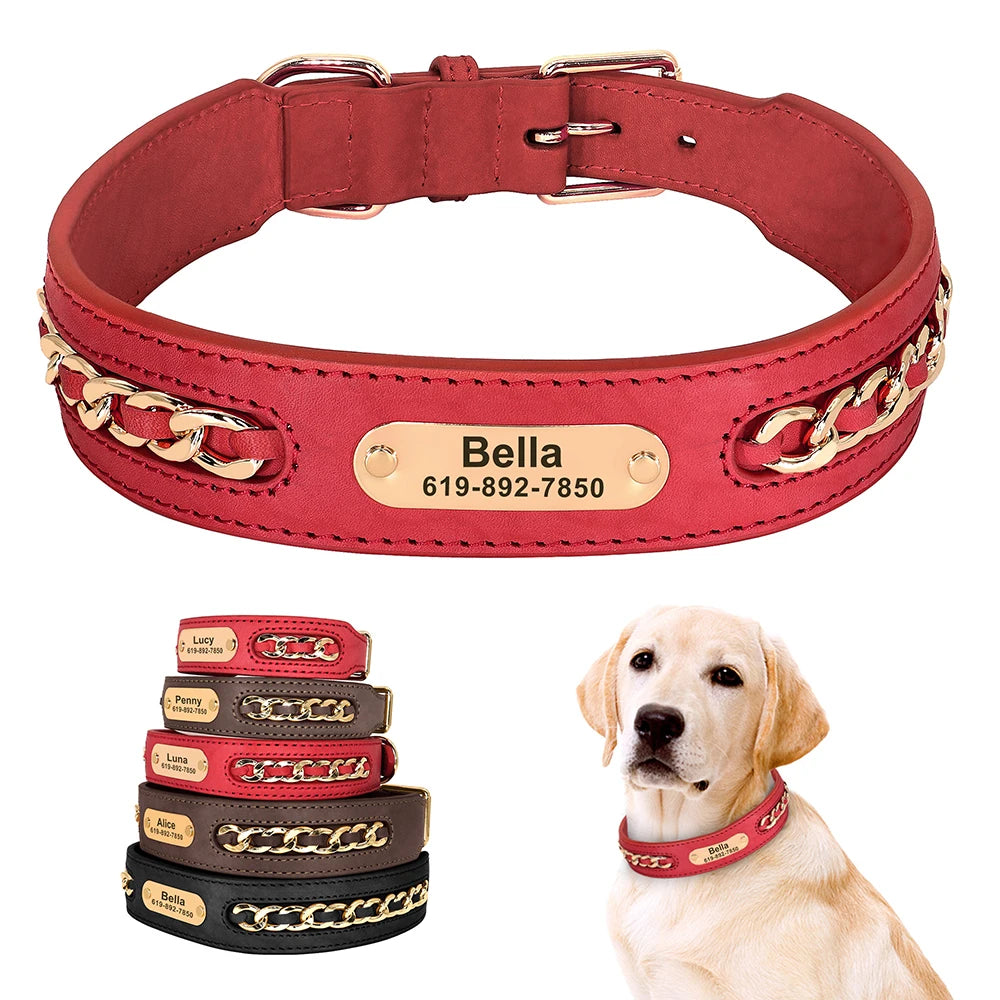 Personalized Leather Dog Collar – Custom Engraved Nameplate ID Tag for Small, Medium & Large Dogs