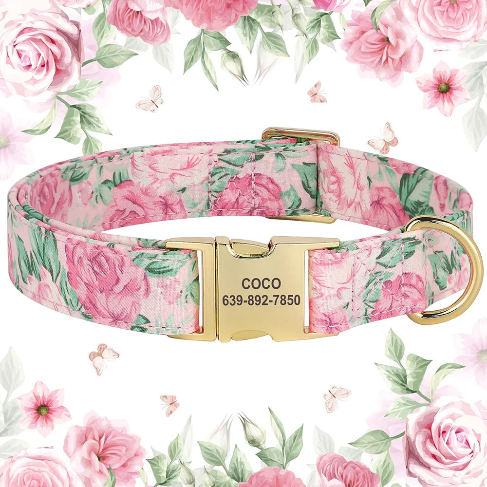 Personalized Flower Dog Collar – Adjustable Nylon with Custom ID Buckle