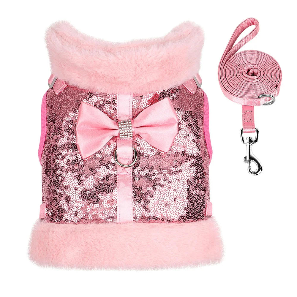 Warm Winter Dog Harness – Bling Rhinestone Fur Vest with Bowtie for Small & Medium Dogs and Cats